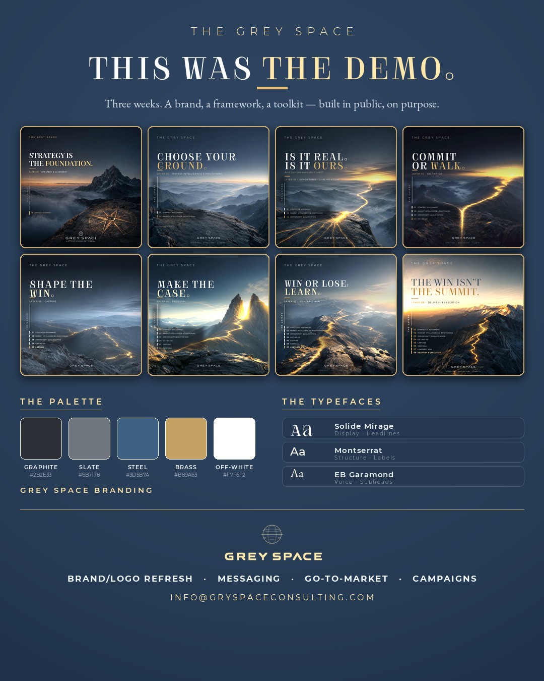 Grey Space branding cards: eight layer posts, palette, and typefaces from The Route campaign