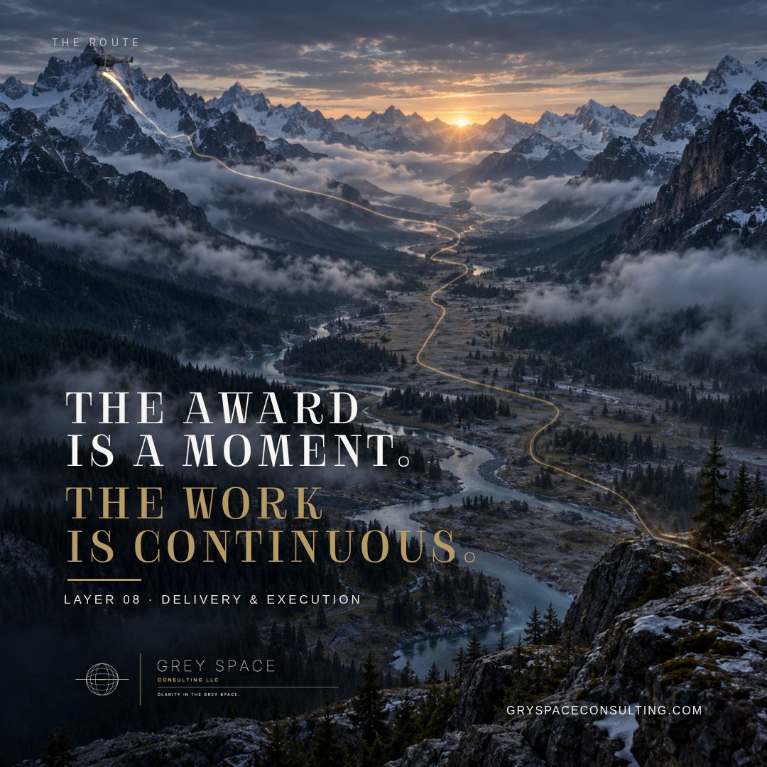 LinkedIn campaign graphic: The award is a moment. The work is continuous. Layer 08, Delivery and Execution.