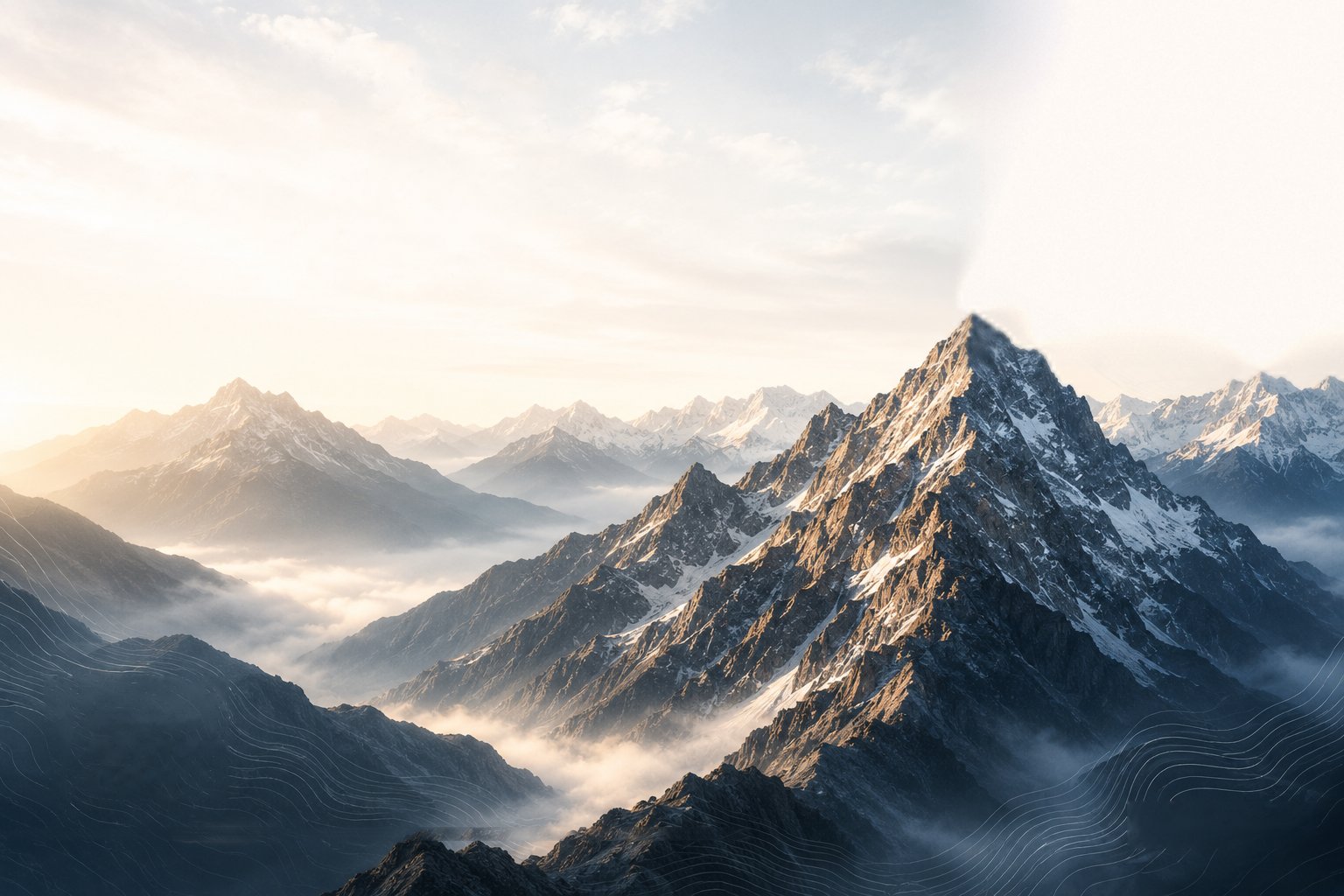 Sunlit alpine peak above layered ridgelines