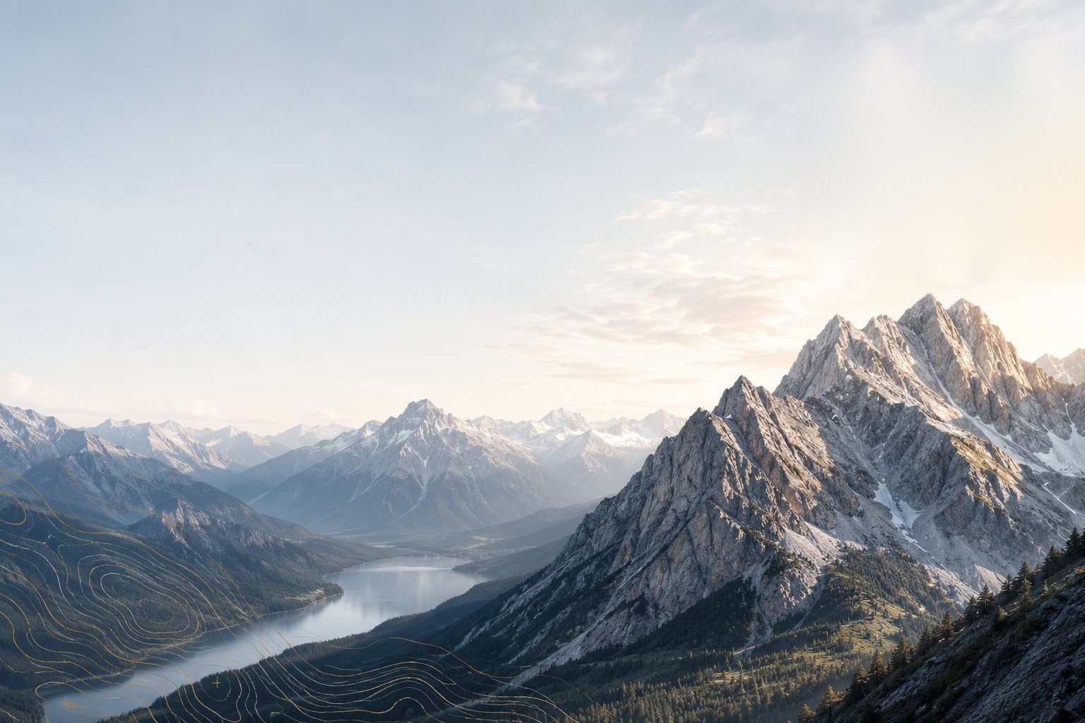 A mountain valley and lake at sunrise